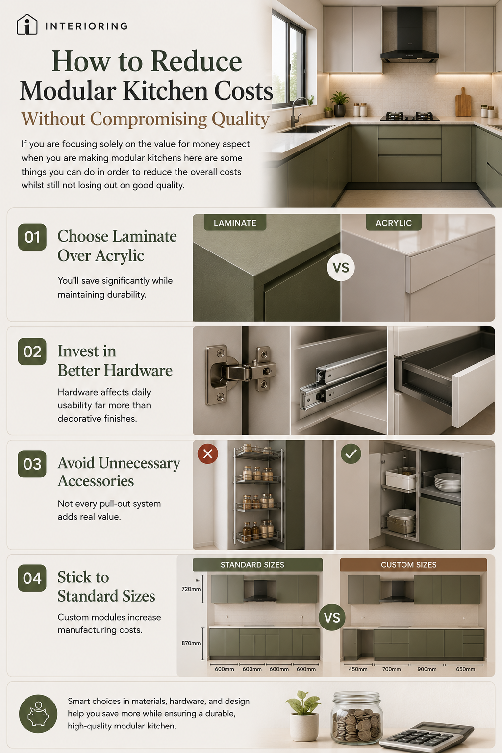 Infographic with 4 tips to reduce modular kitchen costs: choosing laminate over acrylic, investing in better hardware, avoiding unnecessary accessories, and sticking to standard sizes