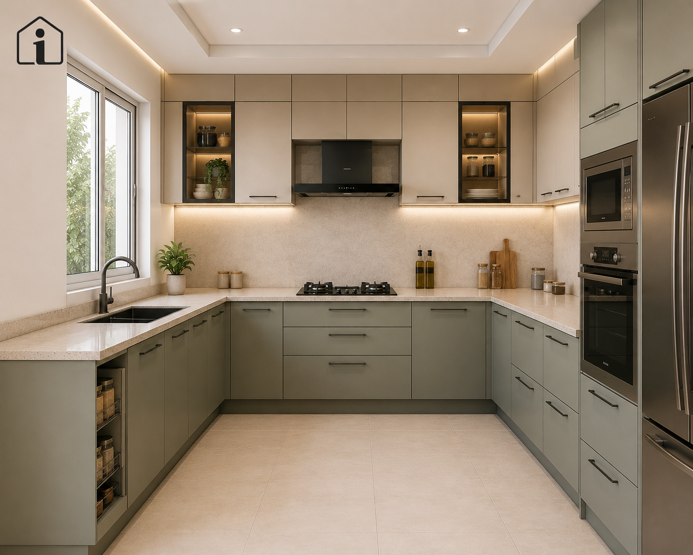Premium U-shaped modular kitchen with sage green cabinets, quartz countertop, glass-front display units, integrated oven, and under-cabinet lighting in Hyderabad