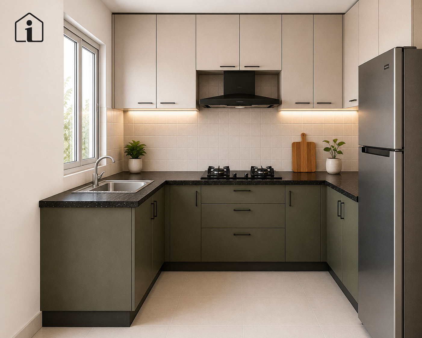 U-shaped modular kitchen with olive green lower cabinets, cream upper cabinets, granite countertop, and under-cabinet lighting representing a mid-range modular kitchen in Hyderabad