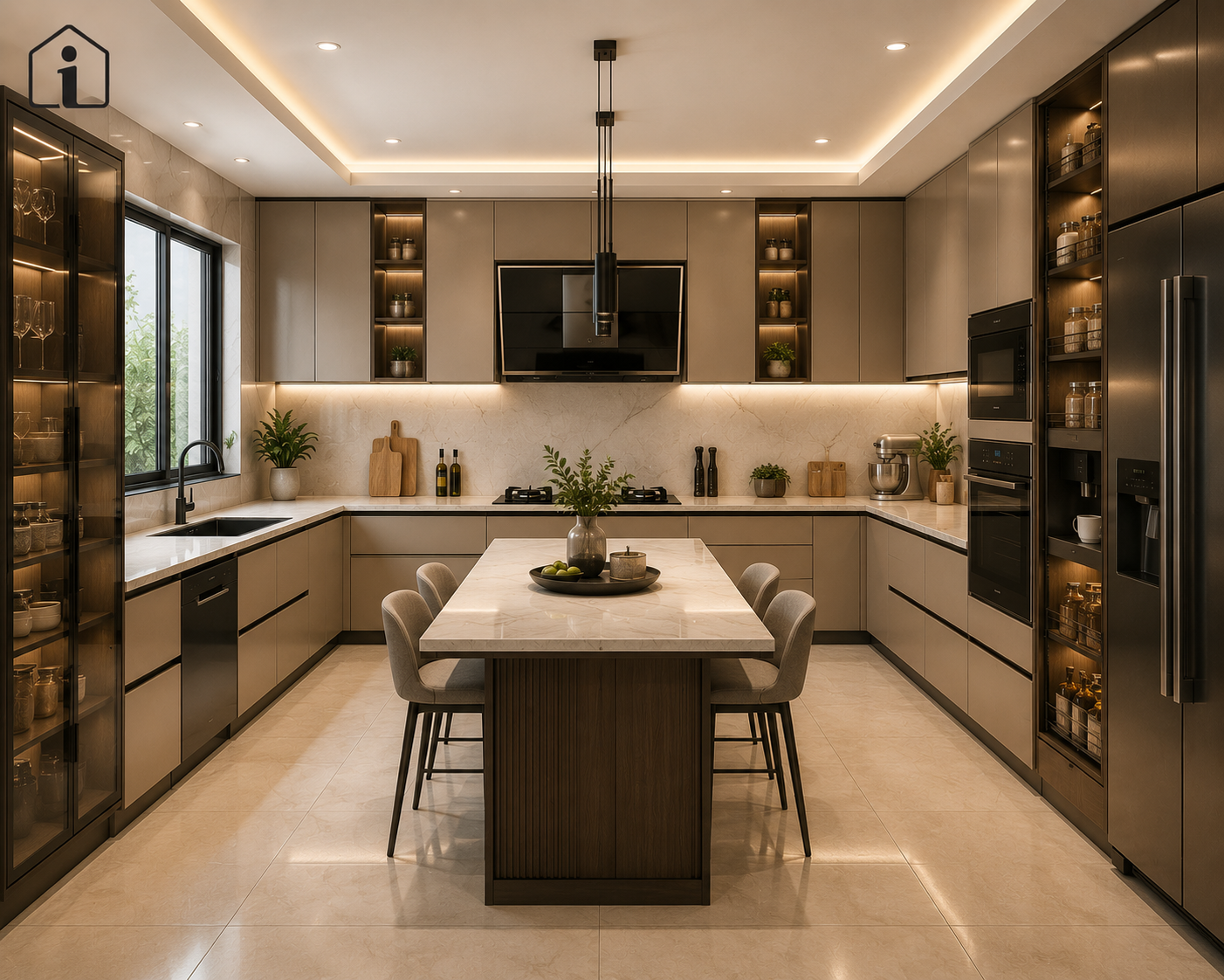 Luxury modular kitchen with island dining table, engineered stone countertop, glass-front display cabinets, integrated appliances, and ambient ceiling lighting in Hyderabad