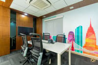 Meeting room with white table, black mesh chairs, wood-panelled walls and a vivid New York skyline mural in Hyderabad office