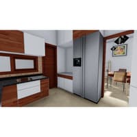 Kitchen render with stainless side-by-side refrigerator, wood-grain cabinets and built-in oven, opening to a dining corner, Hyderabad