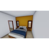 Bedroom design render with mustard accent wall behind a low platform bed dressed in blue and grey, Hyderabad