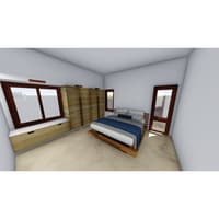 3D bedroom render with floating wooden platform bed, blue and grey bedding and full-height wardrobe, Hyderabad