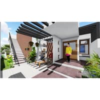 Courtyard render with pergola, brick feature wall, wood-panel entry door and potted plants, Hyderabad home