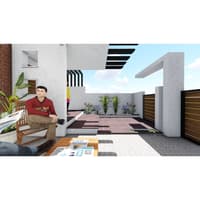 Outdoor terrace render with slatted pergola, paved patio in pink and grey, raised planters with flowering shrubs and timber boundary fence, Hyderabad