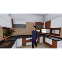 L-shaped modular kitchen render with mosaic tile backsplash, black granite counters and two-tone white-and-wood cabinetry, Hyderabad home