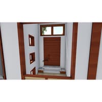 Entry utility space render with wood-slatted door, top-hung clerestory window, marble bench and perforated wall niches, Hyderabad home