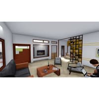 Living room render with faux-brick TV wall, electric fireplace, charcoal sofa, low wood coffee table and planted grid divider, Hyderabad