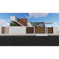 Front elevation render of a white modern Hyderabad house with brick accents, wooden slat gate and pergola