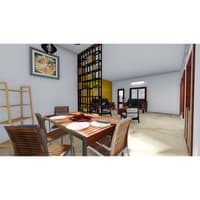 Dining room render with solid wood table and slatted chairs, lattice partition screen and abstract framed art, lounge beyond, Hyderabad