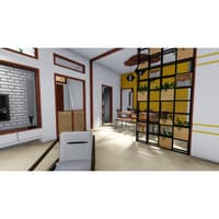 Open living-dining render with faux-brick media wall, mustard accent wall and floor-to-ceiling planted grid screen on polished floors, Hyderabad