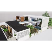 Aerial render of L-shaped farmhouse with black roof, courtyard pool, jali walls, green terraces and timber lounge volume, Hyderabad