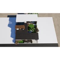 Aerial render of an L-shaped modern farmhouse with dark roof wrapping a central green courtyard, Suryapet near Hyderabad