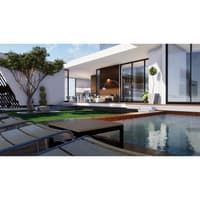 Poolside loungers and timber table facing a glass-walled living pavilion with walnut accents, Hyderabad farmhouse