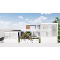 Farmhouse rear view with two white perforated jali screens flanking a planted courtyard and timber-clad upper volume, Hyderabad