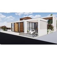 White modern farmhouse with herringbone wood entry, decorative perforated screen and covered carport beside a paved drive, Hyderabad