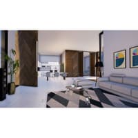 Open living and dining area with herringbone walnut wall, grey sofa, geometric rug and white kitchen beyond, Hyderabad farmhouse