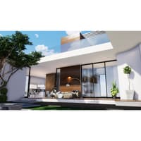 Modern farmhouse facade with cantilevered roof, walnut cladding, sliding glass walls and topiary, Hyderabad
