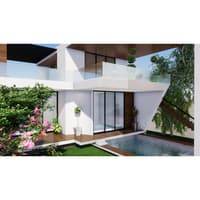 Two-storey farmhouse exterior with glass balcony railing, pool and flowering plants under a cantilevered terrace, Hyderabad