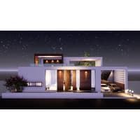 Illuminated farmhouse front elevation at night with twin wood doors, upper terrace and jali-screened carport, Hyderabad