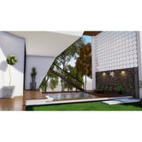 Courtyard pool with stone-clad feature wall, perforated screen and potted topiary beside a timber deck, Hyderabad farmhouse