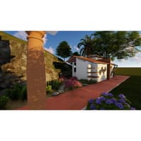 Architectural render of a white home with terracotta roof, carved sandstone column and flowering garden path, Hyderabad