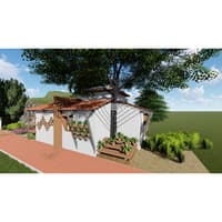 3D render of a white cottage with sloped clay-tile roof, hanging planters and landscaped garden path, Hyderabad