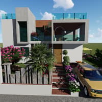 Front elevation of a modern villa with glass balustrade, palms and pink bougainvillea by a stepped entrance, Hyderabad