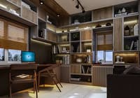 Home study with full-height wood-and-grey display shelving, iMac desk and lit alcoves with books and decor, Hyderabad