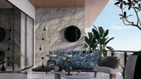 Open-air balcony bar with stone-clad wall, teal marble counter and city skyline view, Hyderabad