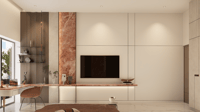 Media wall in cream cabinetry with pink onyx strip, floating console and adjacent study nook, Hyderabad