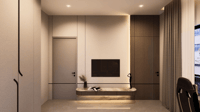 Minimalist entryway with wall-mounted TV, floating timber bench, recessed cove lighting and full-height wardrobes, Hyderabad