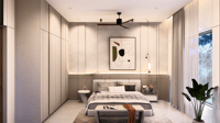 Serene bedroom in Hyderabad with abstract framed art over the bed, fluted wardrobes, upholstered bench and a leafy potted plant