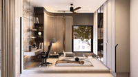 Bedroom study with black gaming chair, fluted wood feature wall, floating desk and platform bed, Bespoke Horizon, Hyderabad