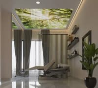 Spa-style salon room with forest-print backlit ceiling, reclining treatment chair and slatted screen, Hyderabad