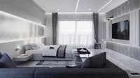Grey-and-white bedroom with platform bed, backlit niches, wall-mounted TV and navy lounge sofa, Hyderabad