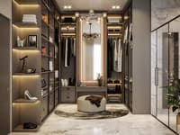 Walk-in wardrobe with backlit open shelving, central island seat, sputnik chandelier and marble floor in Hyderabad