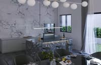 Open kitchen-dining with marble backsplash, dark marble bar island, bar stools and linear pendant lighting, Hyderabad
