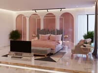 Pink arched-niche bedroom with grey four-poster bed, blush bedding, fluted headboard and marble floor, Hyderabad
