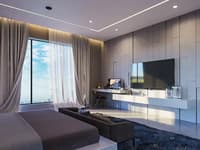 Bedroom with floor-to-ceiling window, wood-panelled wall, floating desk-and-media unit and charcoal bench, Hyderabad