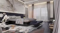 Luxe master bedroom with veined marble headboard wall, navy bench, sheer drapes and orchid styling, Hyderabad