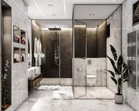 Marble bathroom with glass walk-in shower, wall-hung toilet, vessel basin and a tall banana plant, Hyderabad