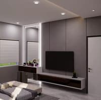 Bedroom TV unit in grey panelled wall with floating wood console, dressing table and mirror, Hyderabad