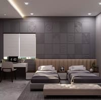 Twin-bed kids room with sculpted 3D grey feature wall, upholstered headboard, study desk and tufted bench, Hyderabad