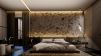 Bedroom with backlit textured rock feature wall, low platform bed and slatted wood panels, Hyderabad