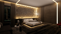 Master bedroom with a backlit textured rock wall, floating platform bed with LED underglow and dark wood floor, Hyderabad
