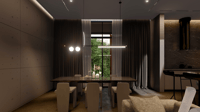 Dim dining room with upholstered chairs, linear suspension light and curtained window framing greenery, Hyderabad