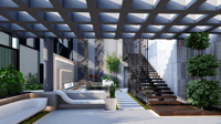 Wide courtyard with coffered pergola ceiling, floating timber stair, sculptural bench and marble feature wall, Hyderabad