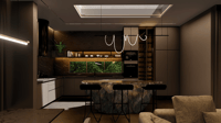 Low-lit kitchen with vertical-garden backsplash, skylight, slim bar stools and built-in ovens, Hyderabad home